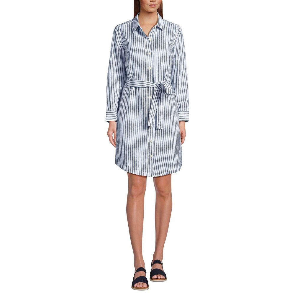 Lands' End Linen Shirt Dress XL Blue White Stripe Long Sleeve Belted Above Knee